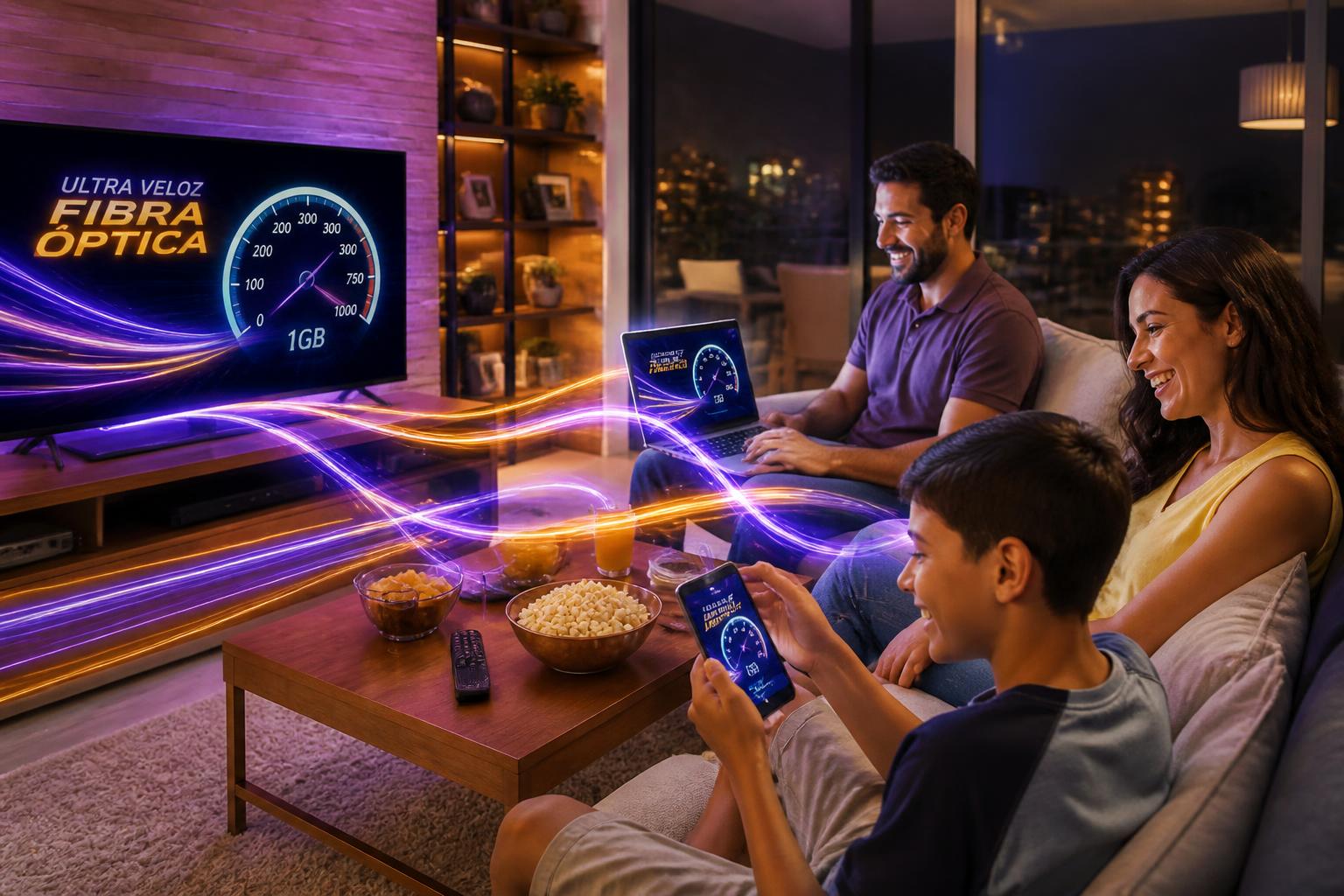 Família usando internet fibra Wi-Fi 6 em casa